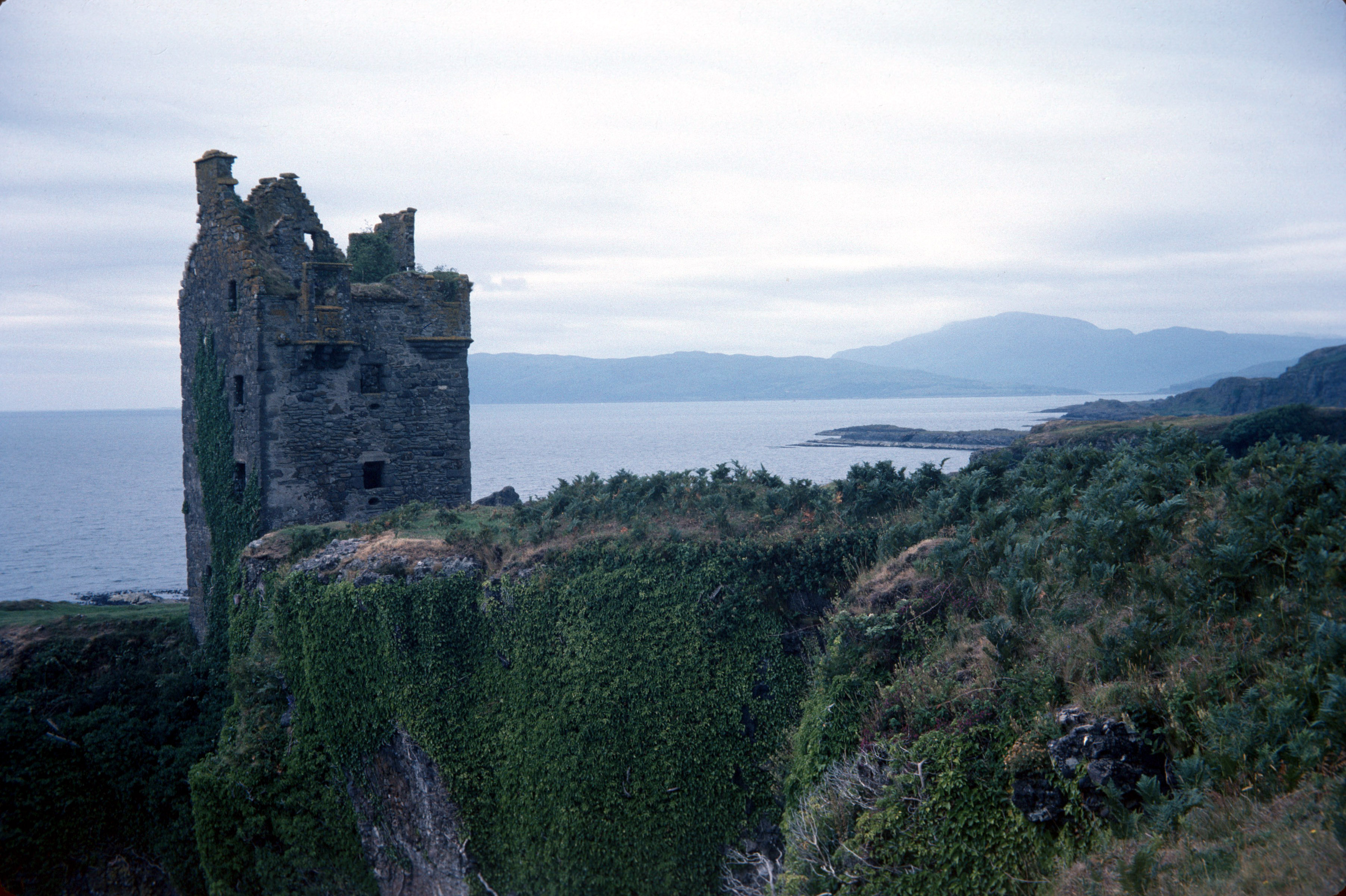 Gylen Castle on Kerrera in 1977, seen above the rocky cliff approach